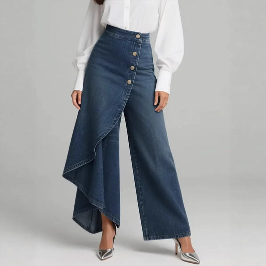 Jeans droits similicuir à volants et boutons pour femme
