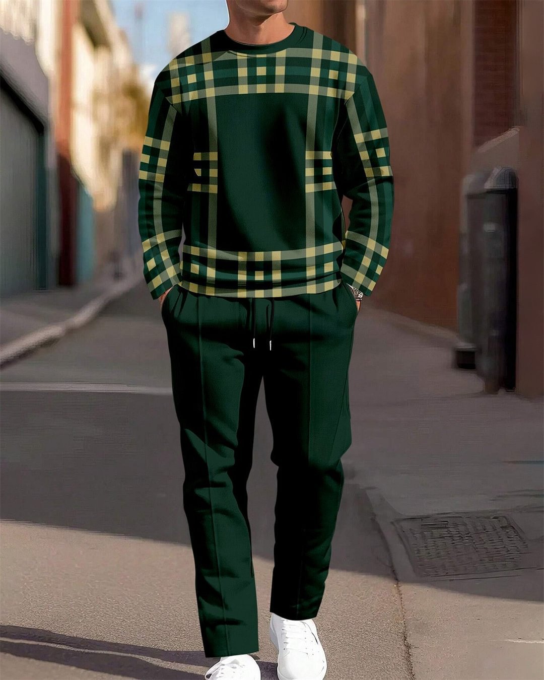 Conjunto de dos piezas de sudadera de cuello redondo y pantalón deportivo casual para hombre
