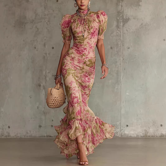 Robe longue plissée à manches bouffantes imprimée coupe ajustée pour femme