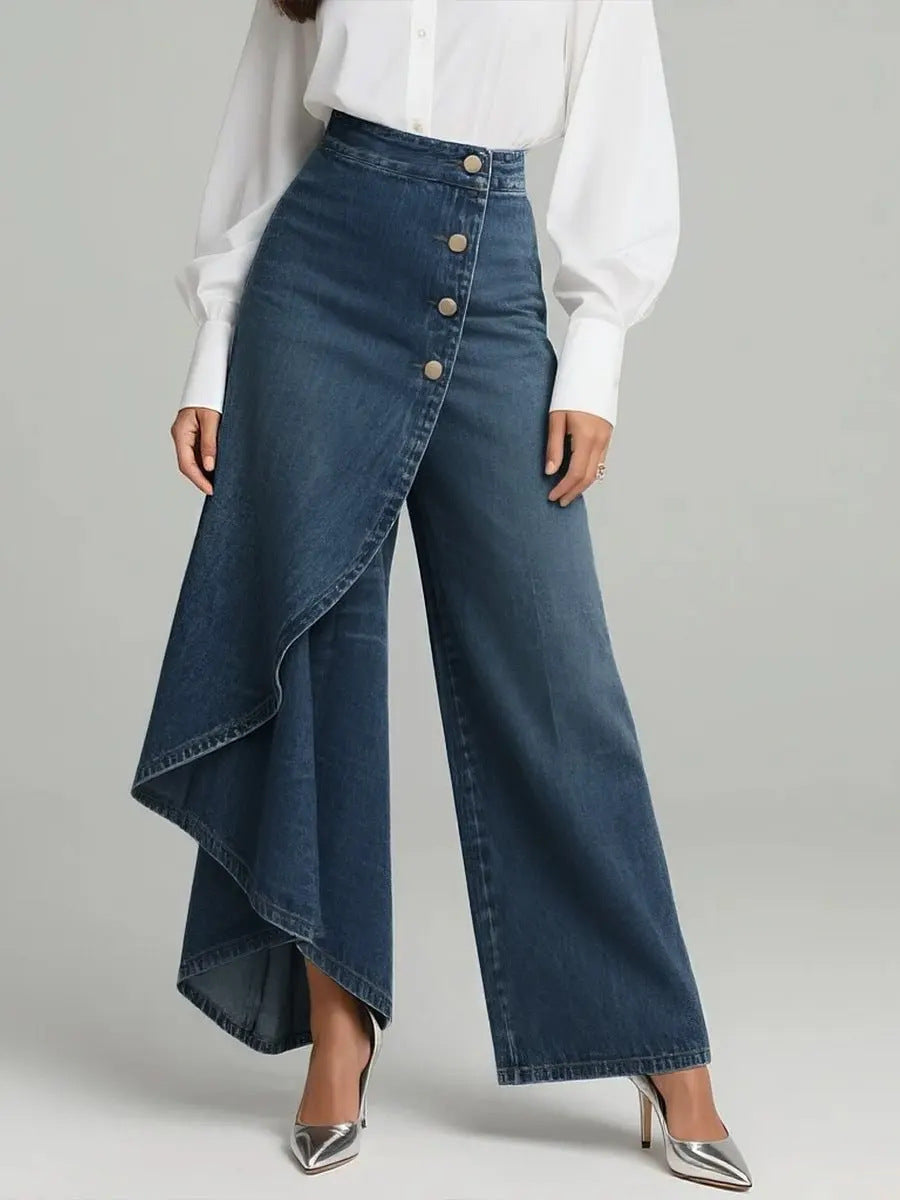 Jeans droits similicuir à volants et boutons pour femme