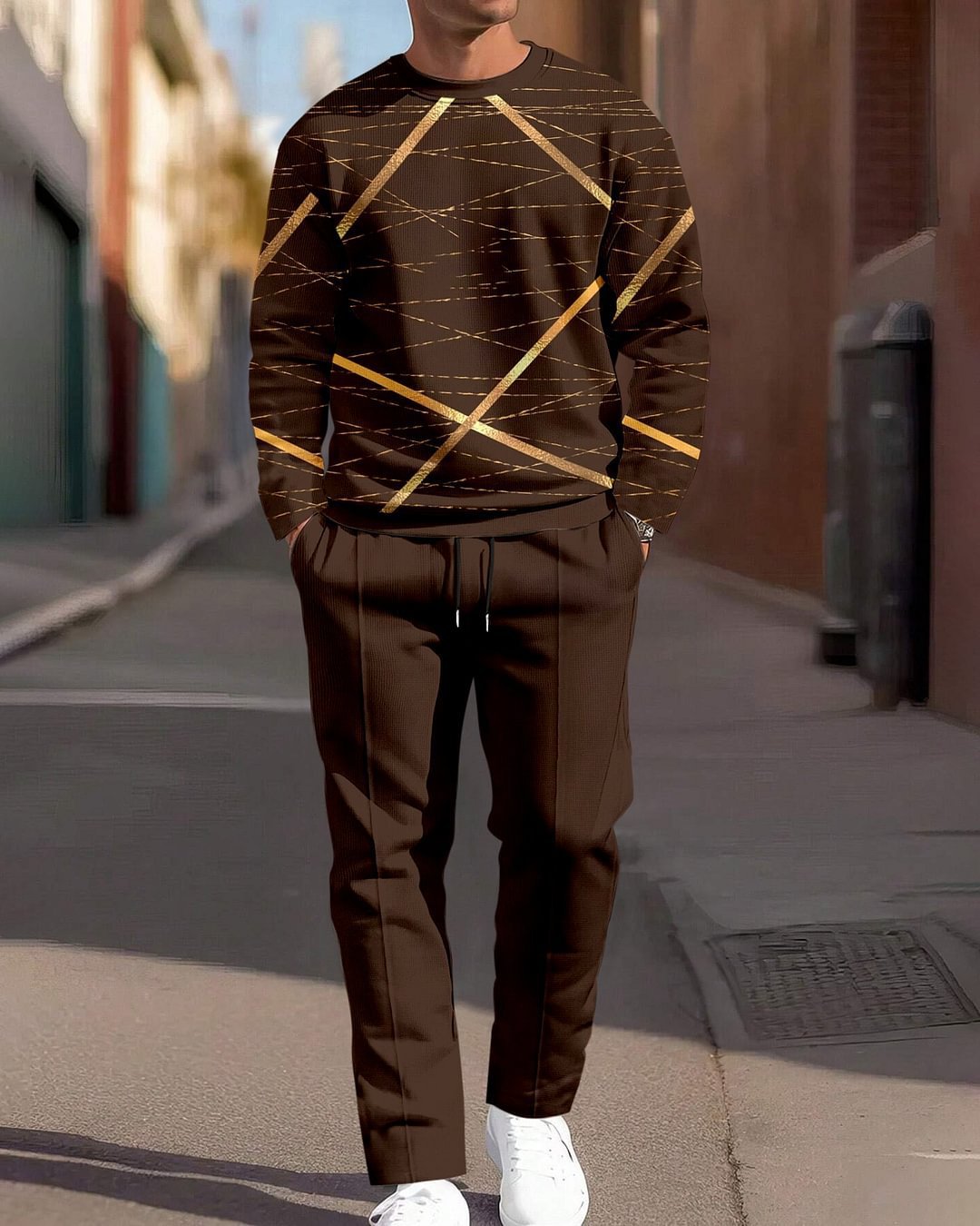 Conjunto de dos piezas de sudadera de cuello redondo y pantalón deportivo casual para hombre
