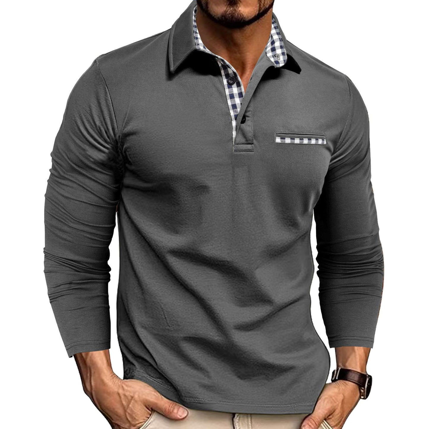 Polo à carreaux pour hommes | Haut à manches longues