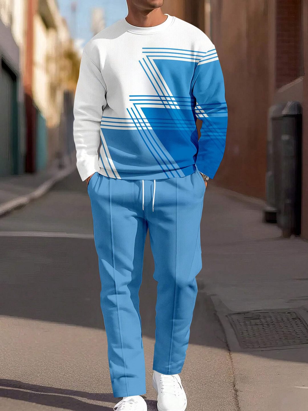 Conjunto de dos piezas de sudadera de cuello redondo y pantalón deportivo casual para hombre