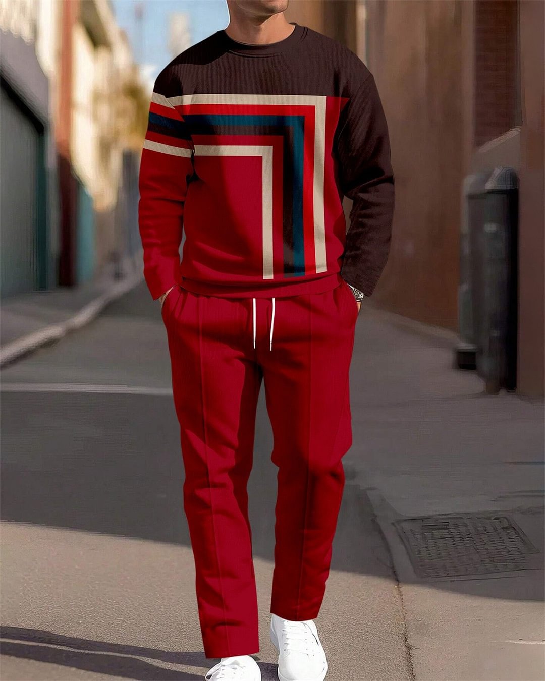 Conjunto de dos piezas de sudadera de cuello redondo y pantalón deportivo casual para hombre