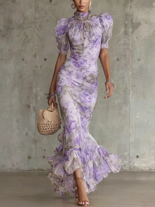 Robe longue plissée à manches bouffantes imprimée coupe ajustée pour femme
