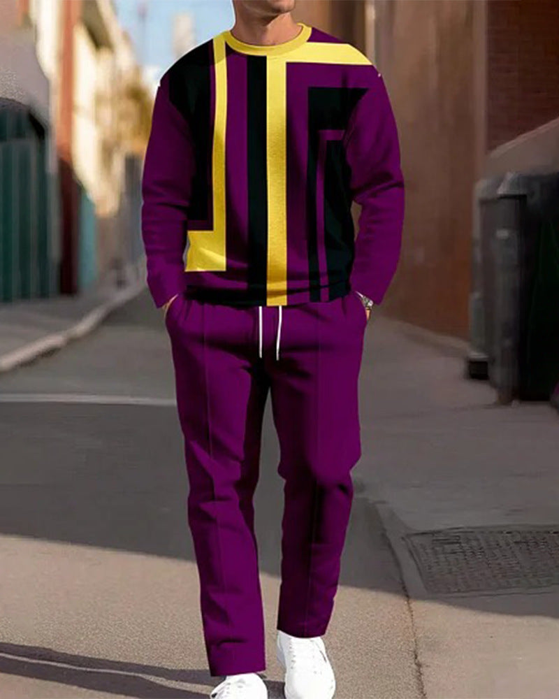 Conjunto de dos piezas de sudadera de cuello redondo y pantalón deportivo casual para hombre