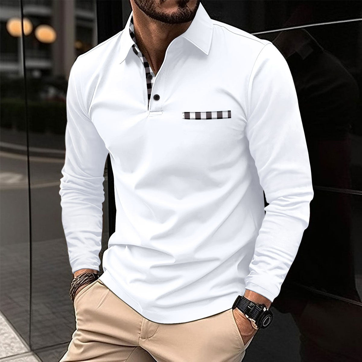 Polo à carreaux pour hommes | Haut à manches longues