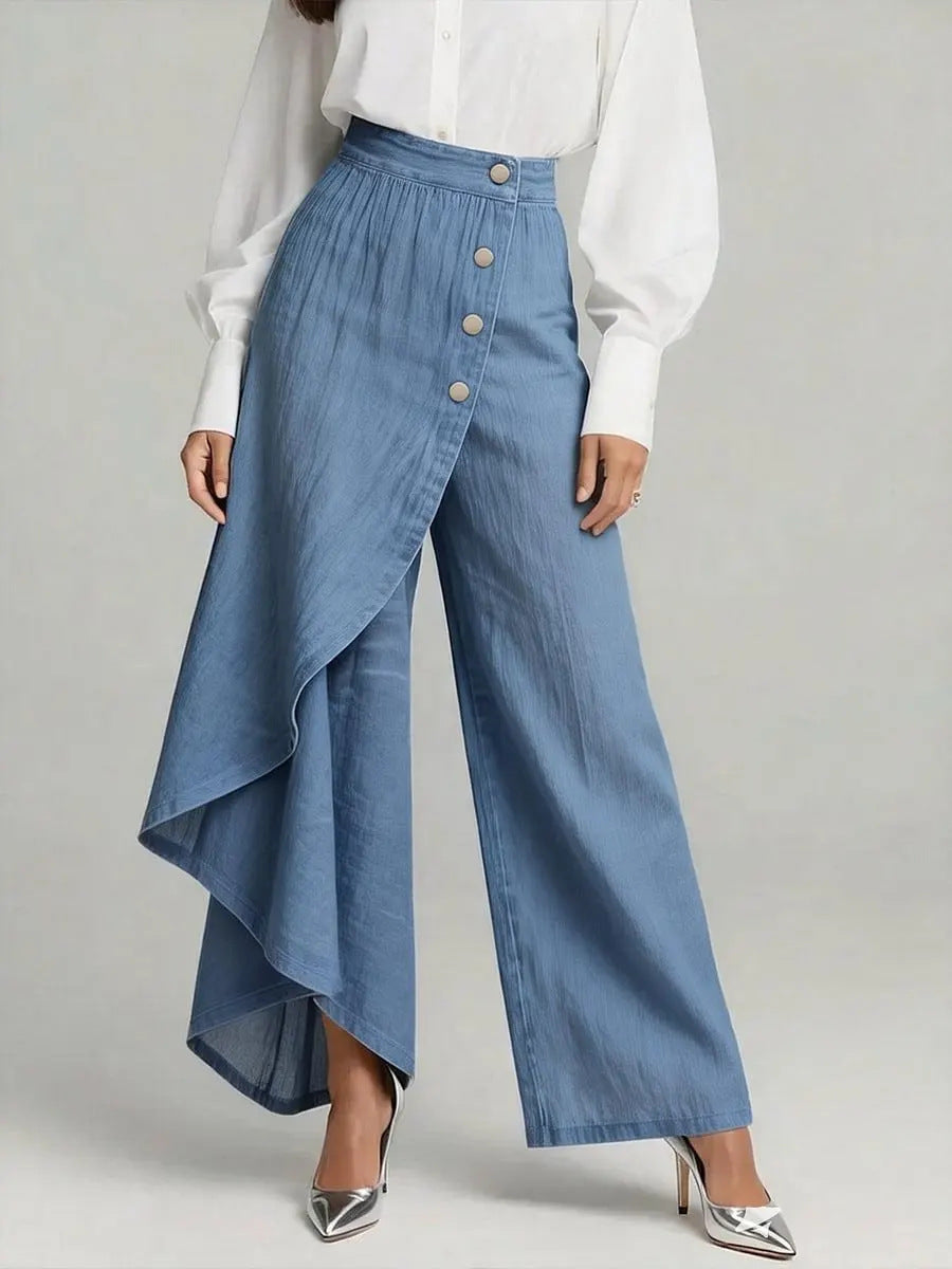 Jeans droits similicuir à volants et boutons pour femme