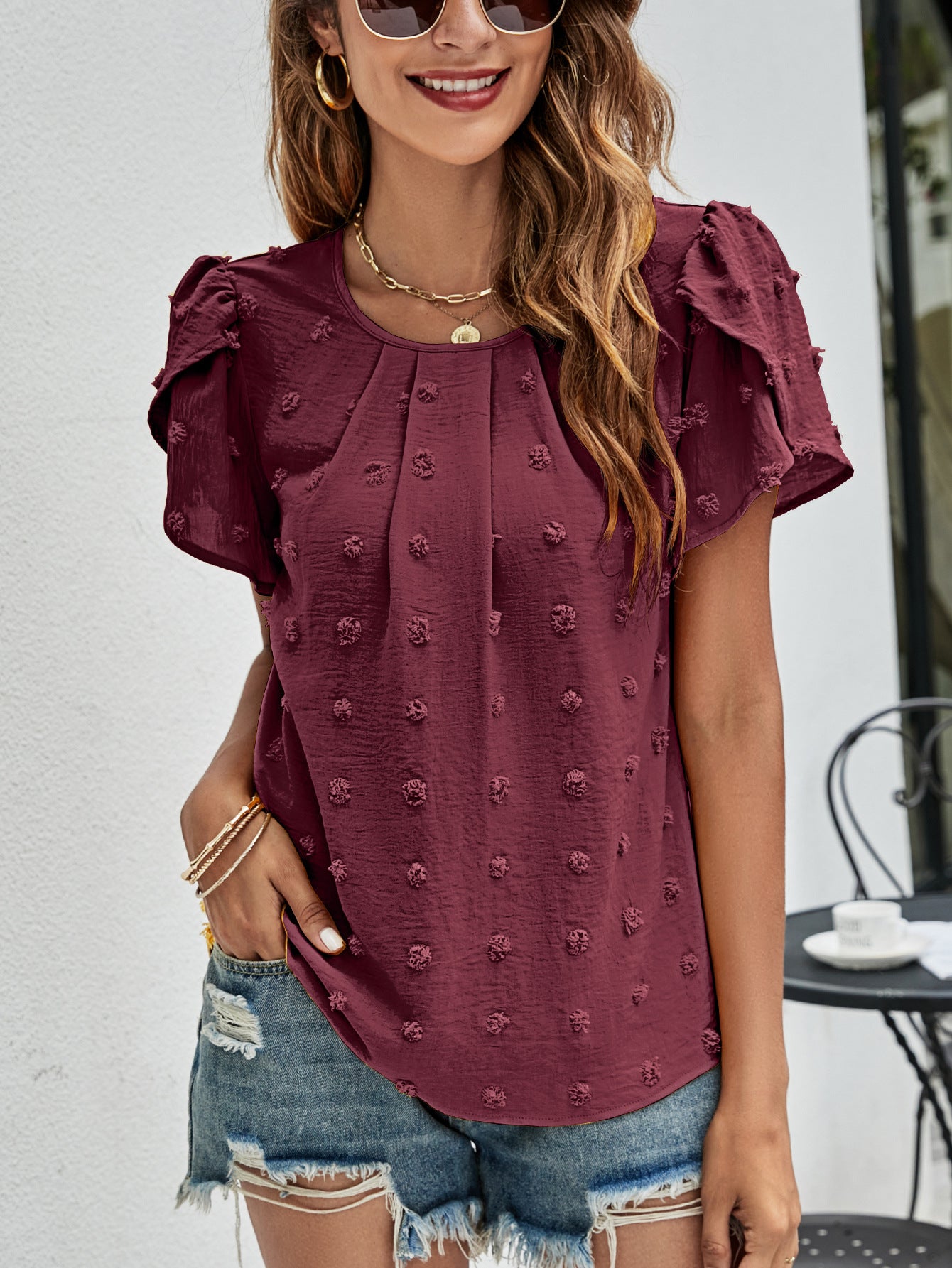 Top de jacquard con mangas de tulipán Calypso | Blusa texturizada de mujer