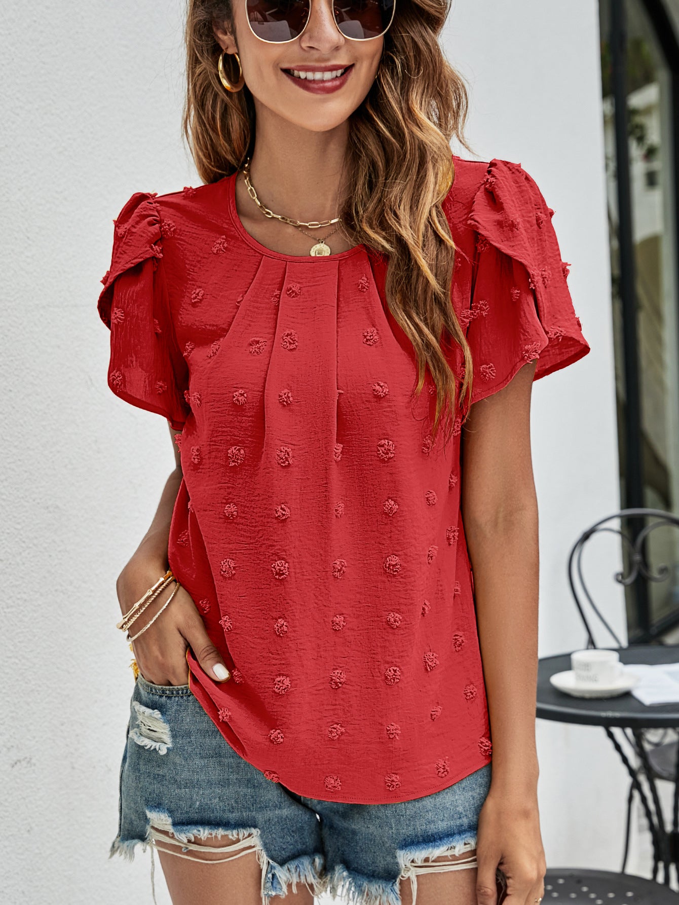 Top de jacquard con mangas de tulipán Calypso | Blusa texturizada de mujer