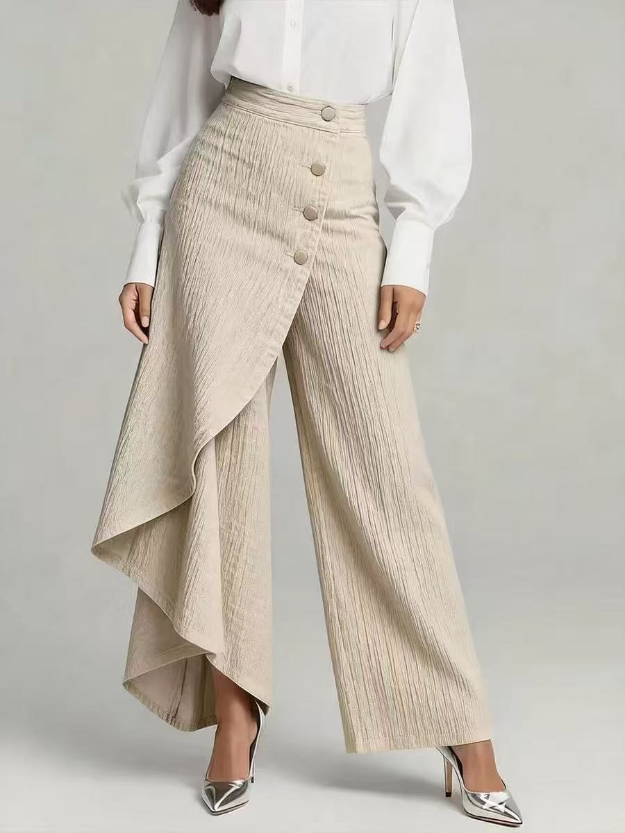 Jeans droits similicuir à volants et boutons pour femme