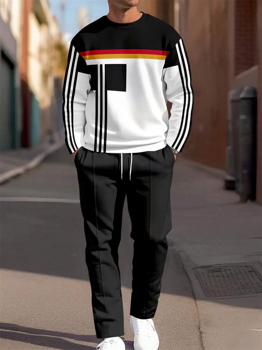 Conjunto de dos piezas de sudadera de cuello redondo y pantalón deportivo casual para hombre
