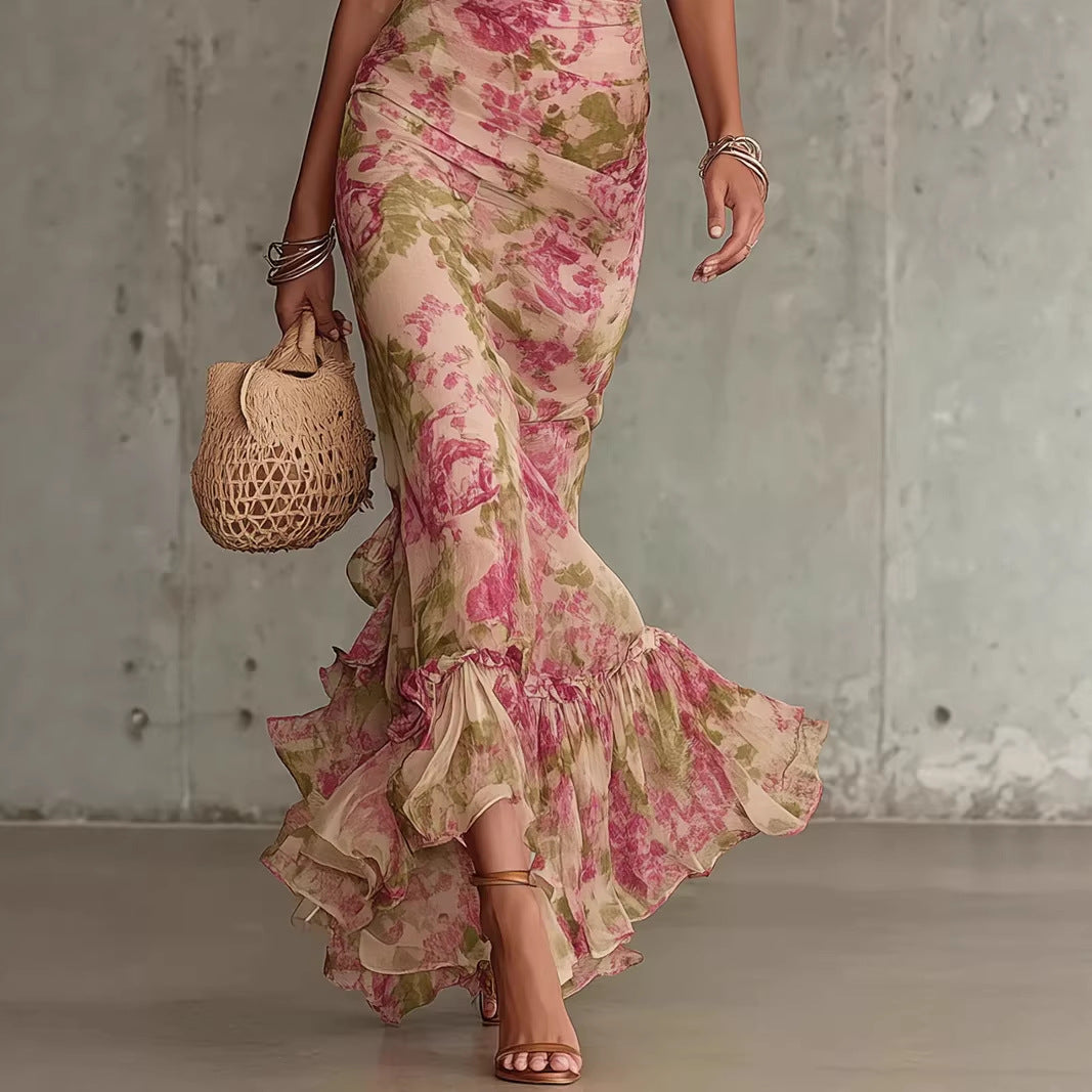 Robe longue plissée à manches bouffantes imprimée coupe ajustée pour femme