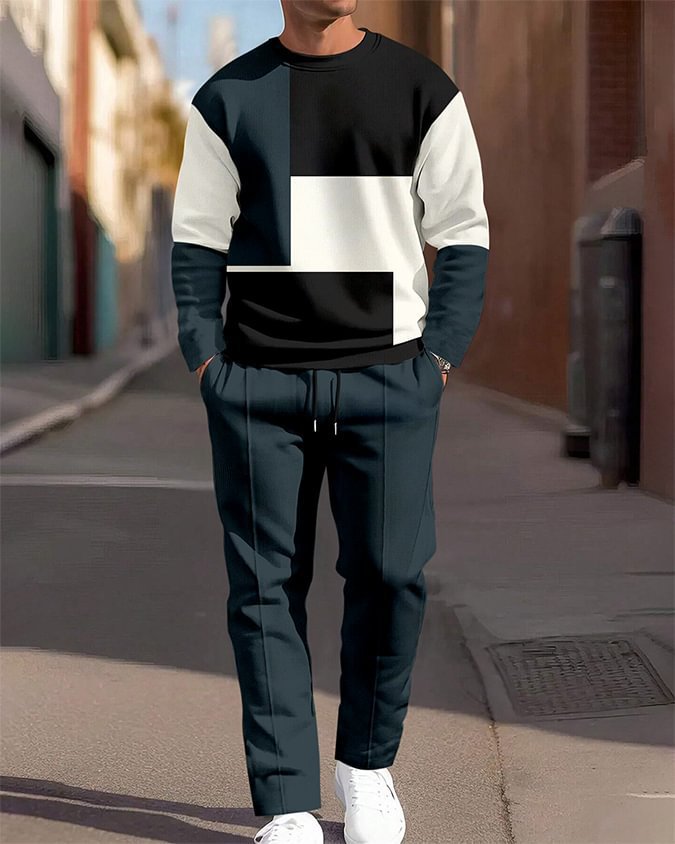 Conjunto de dos piezas de sudadera de cuello redondo y pantalón deportivo casual para hombre